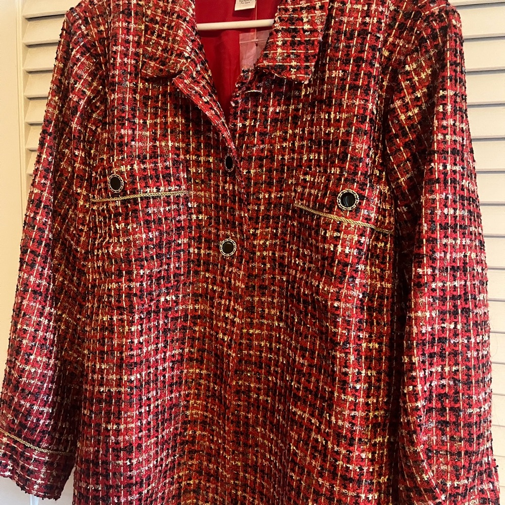 Never Worn Elegant Red and Gold Tweed Women's Blazer Drapers and Damons 3x